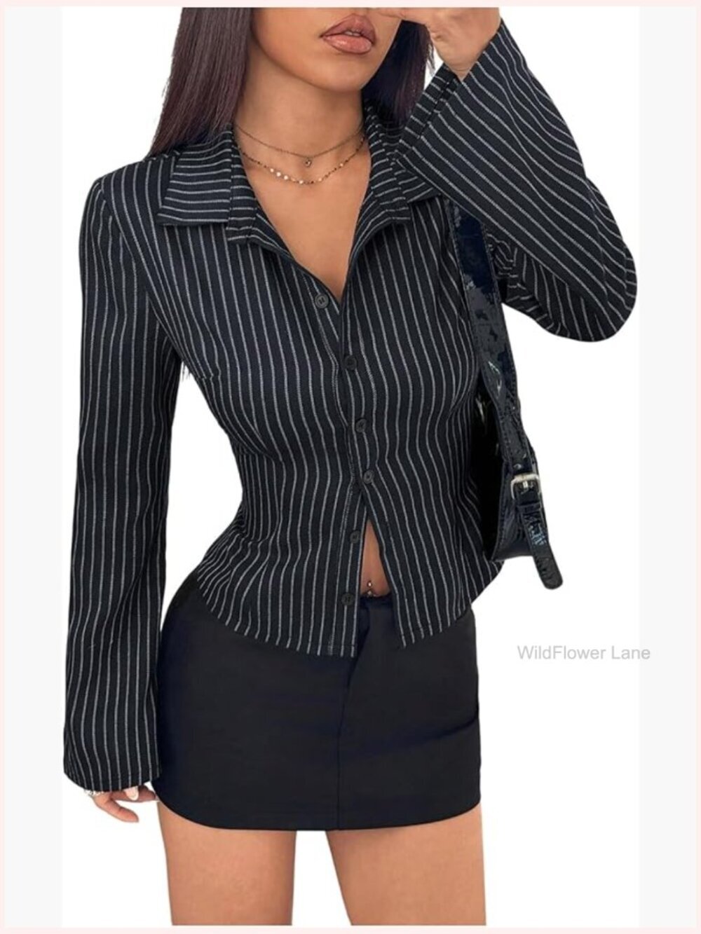 Striped Fitted Button Up Shirt Blouse Bell Long Sleeve Dressy Casual Work Top